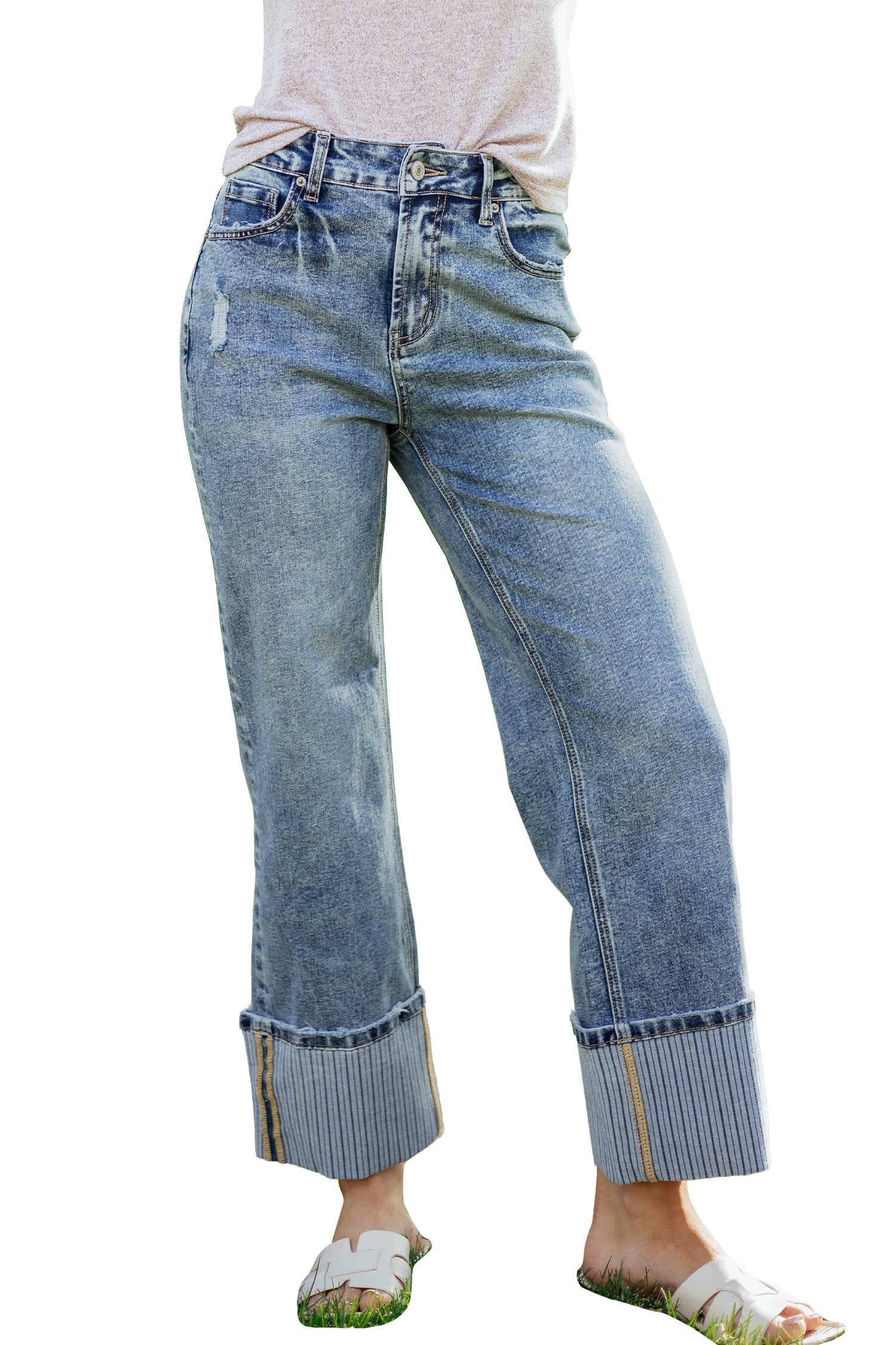 Blue Cuffed Straight Loose Jeans