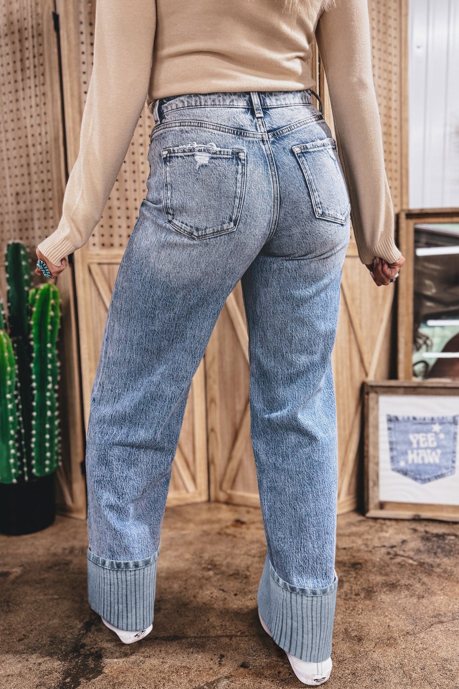 Blue Cuffed Straight Loose Jeans
