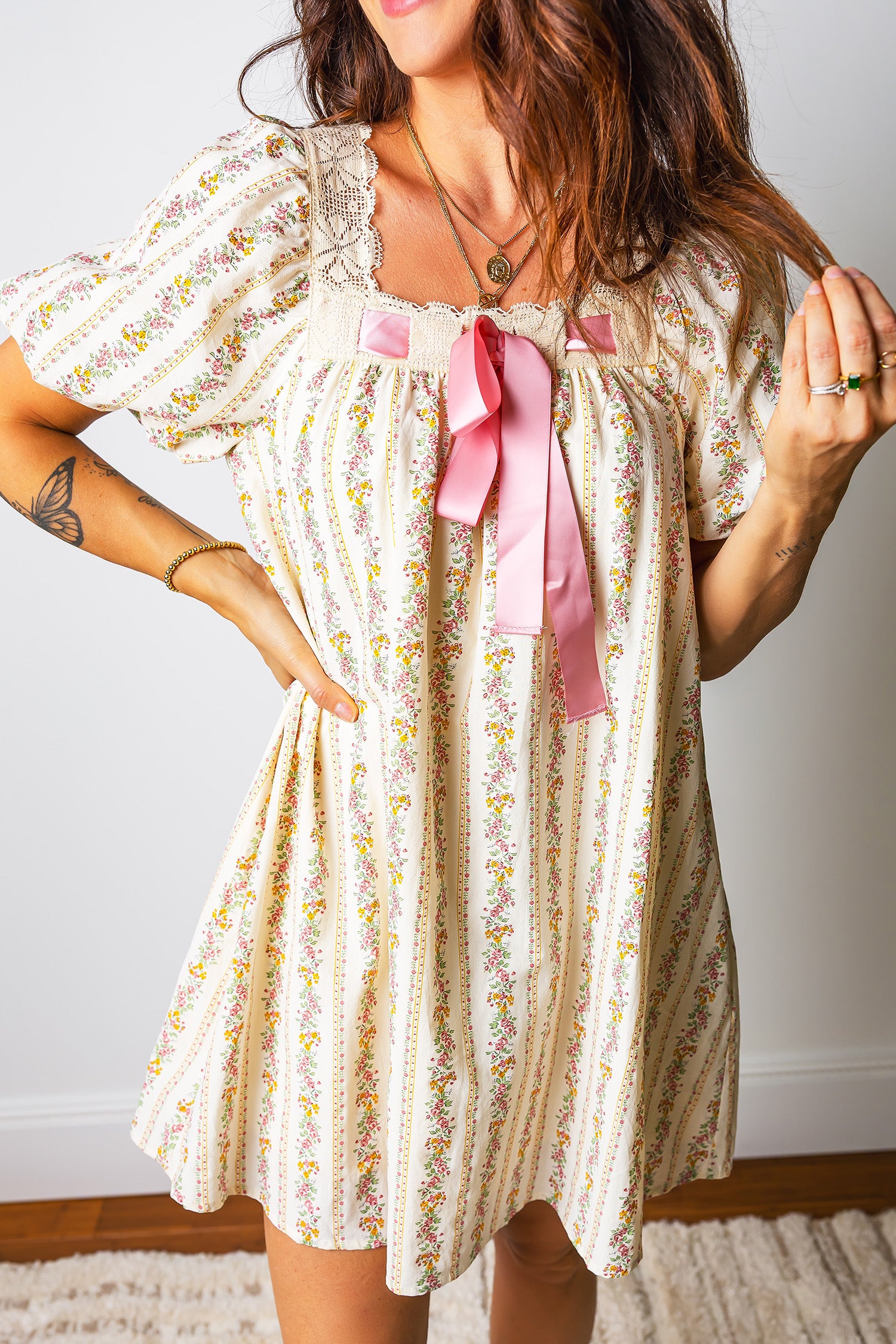 Floral Print & Ribbon Bow Mini Dress