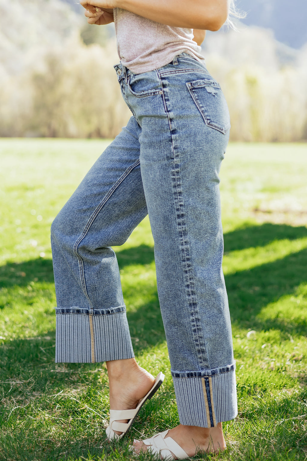 Blue Cuffed Straight Loose Jeans