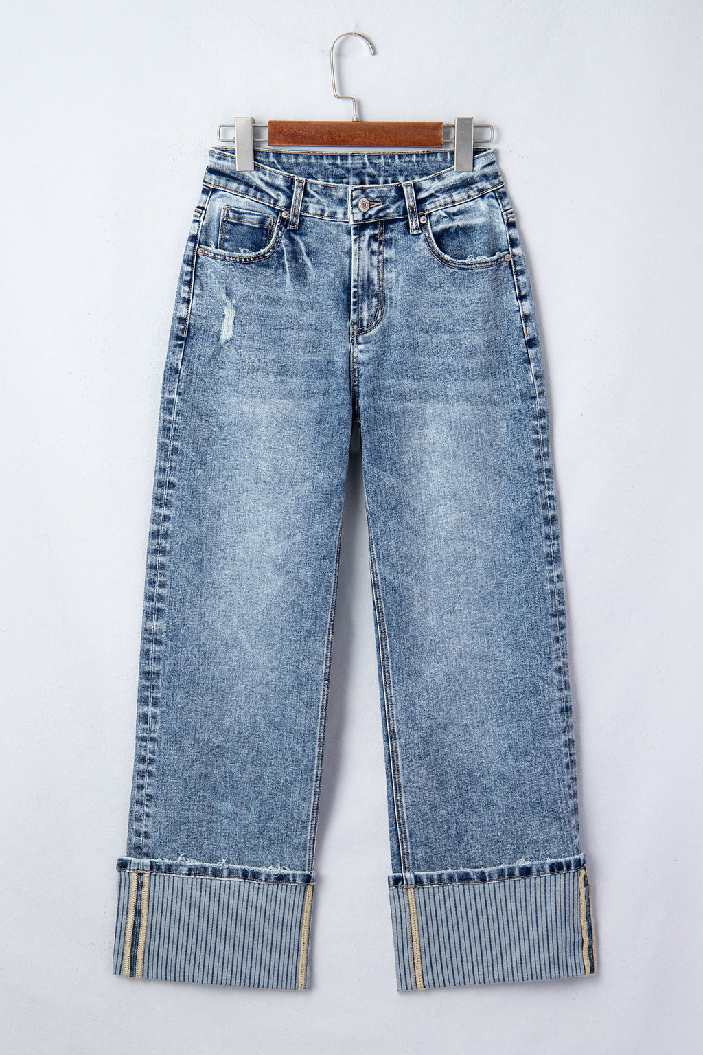 Blue Cuffed Straight Loose Jeans