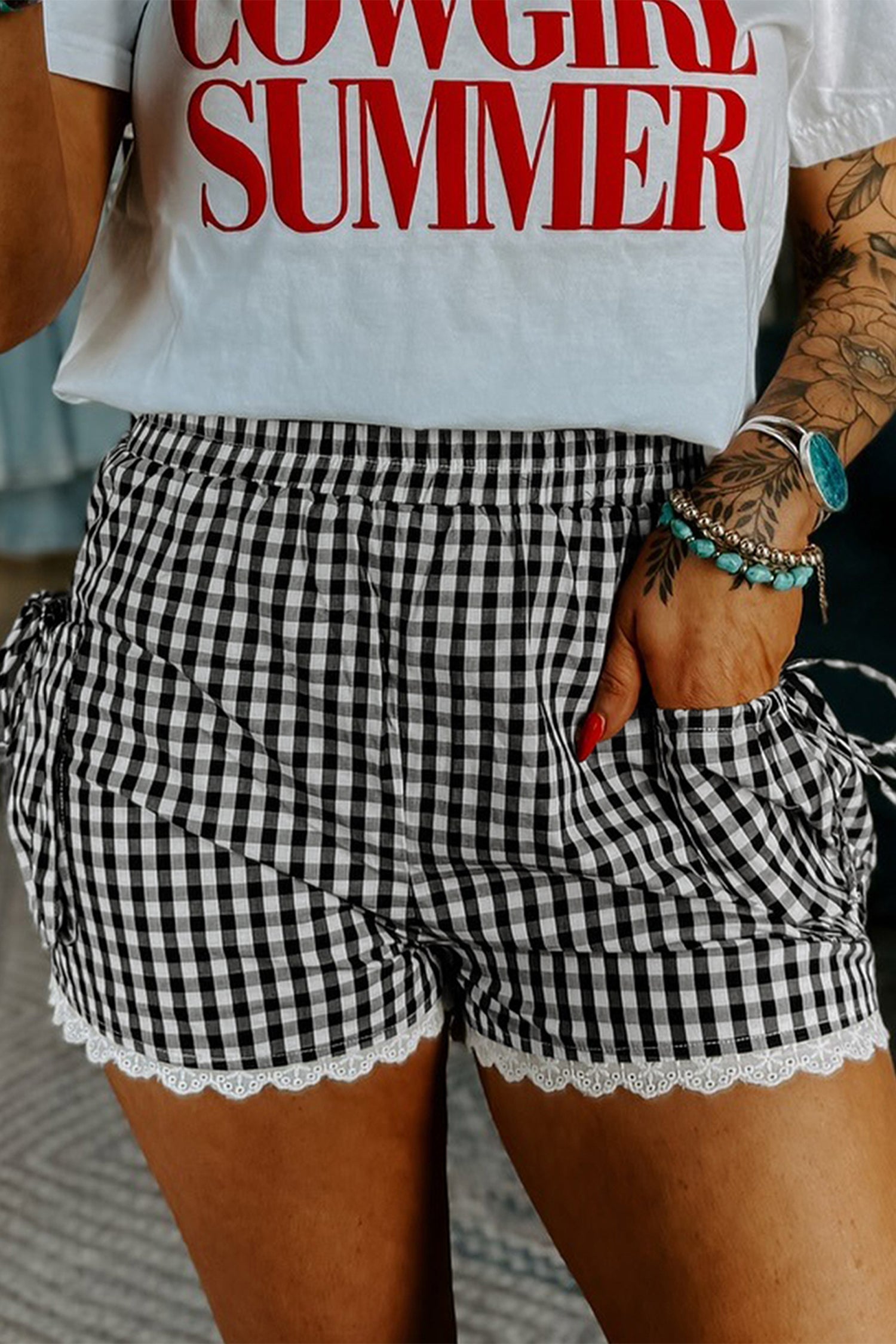 Gingham & Lace Shorts with Pockets