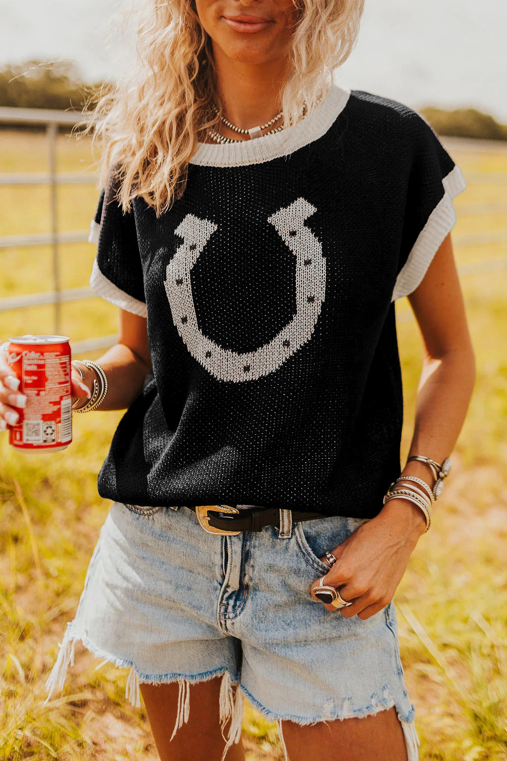 Black Horse Shoe Short Sleeve Sweater