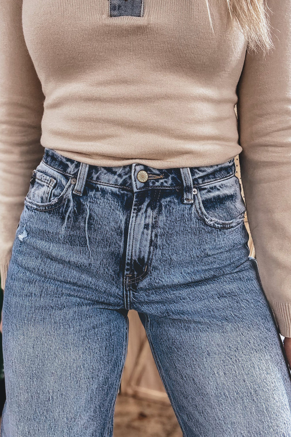 Blue Cuffed Straight Loose Jeans