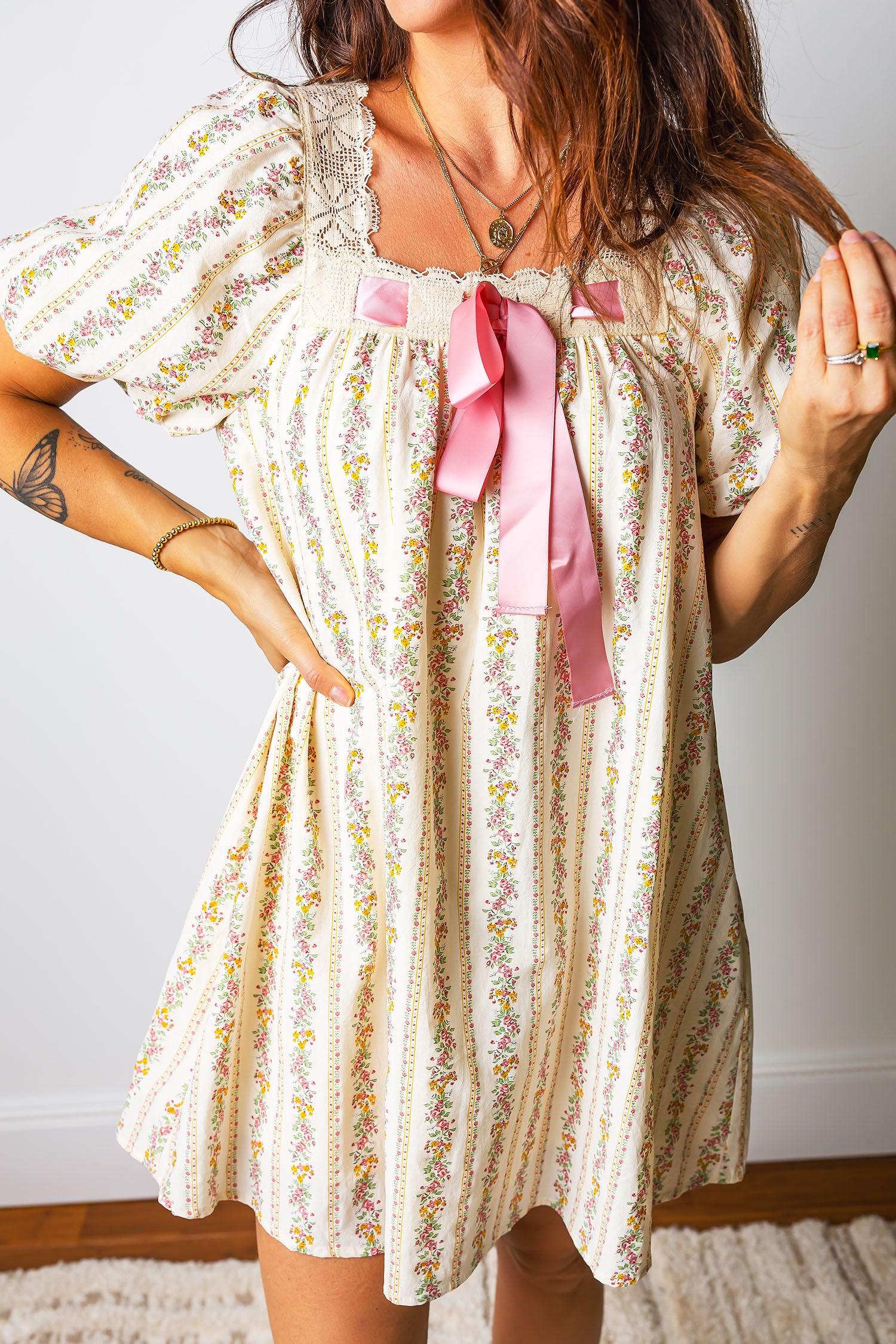 Floral Print & Ribbon Bow Mini Dress