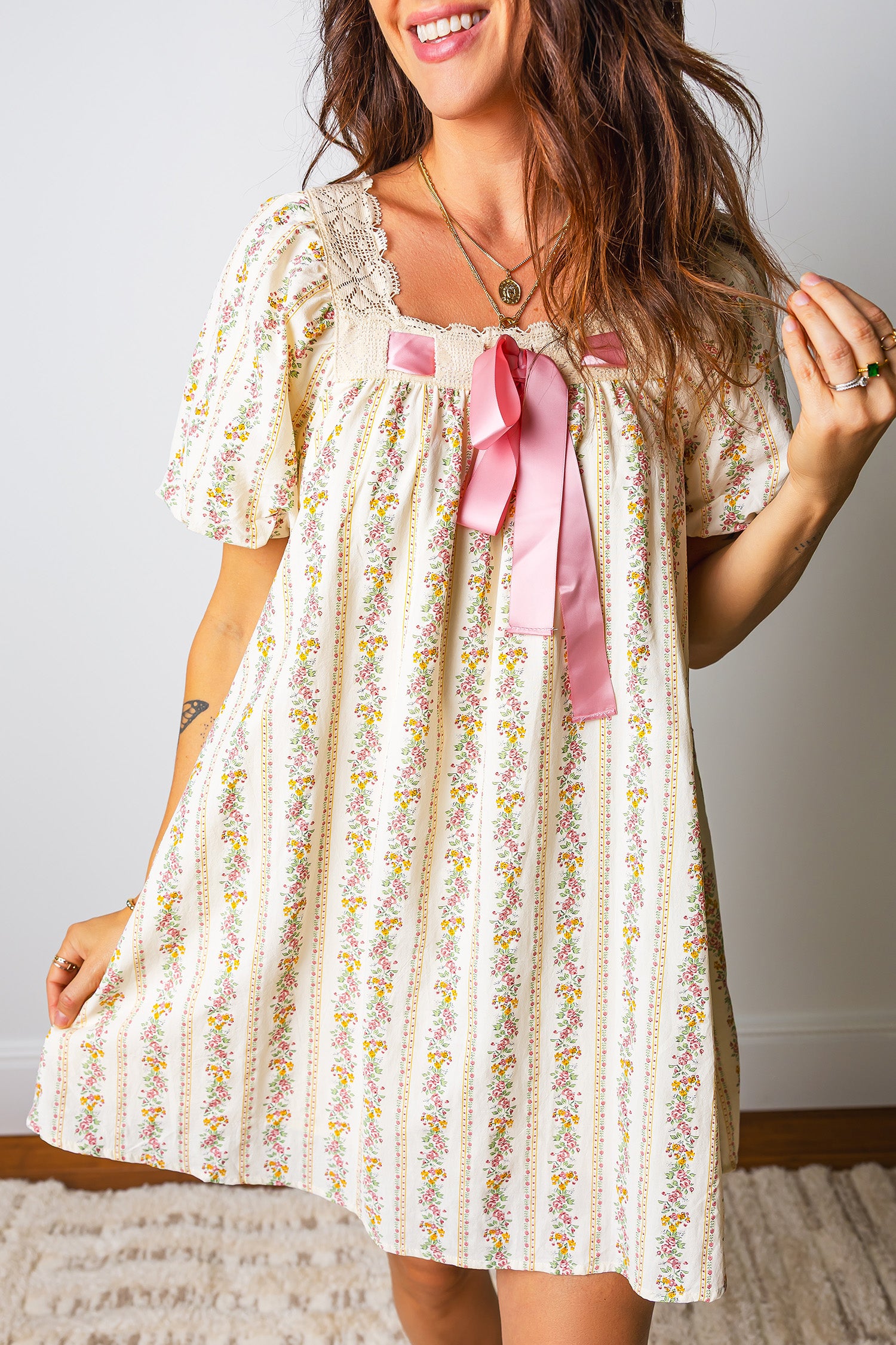 Floral Print & Ribbon Bow Mini Dress