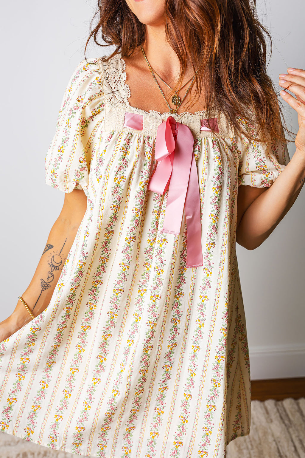 Floral Print & Ribbon Bow Mini Dress