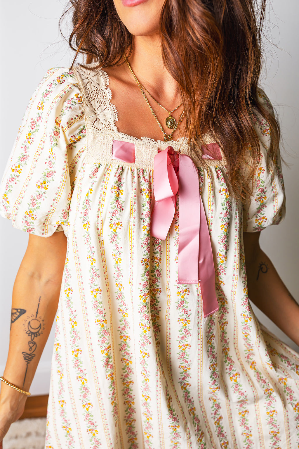 Floral Print & Ribbon Bow Mini Dress