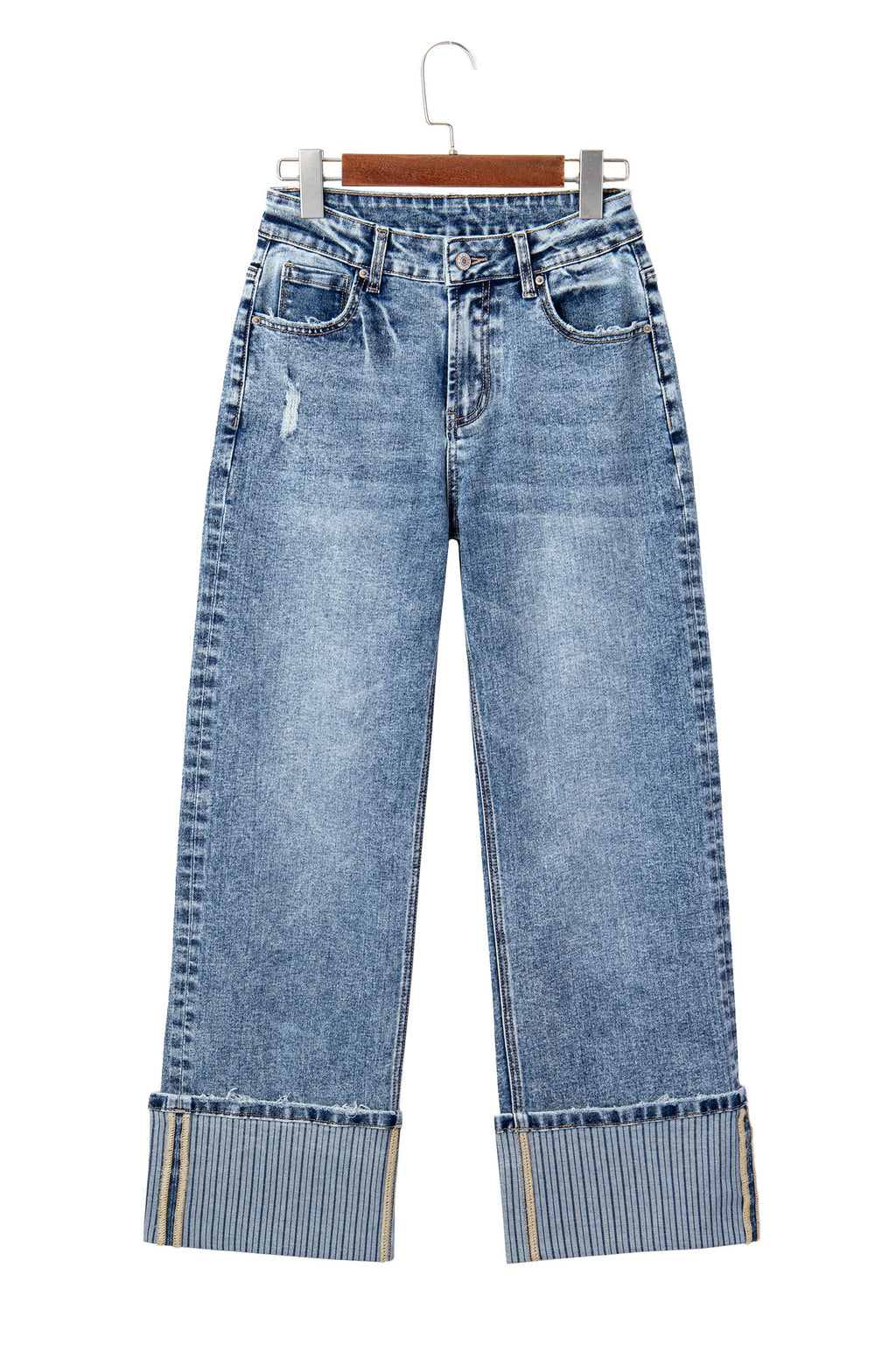 Blue Cuffed Straight Loose Jeans