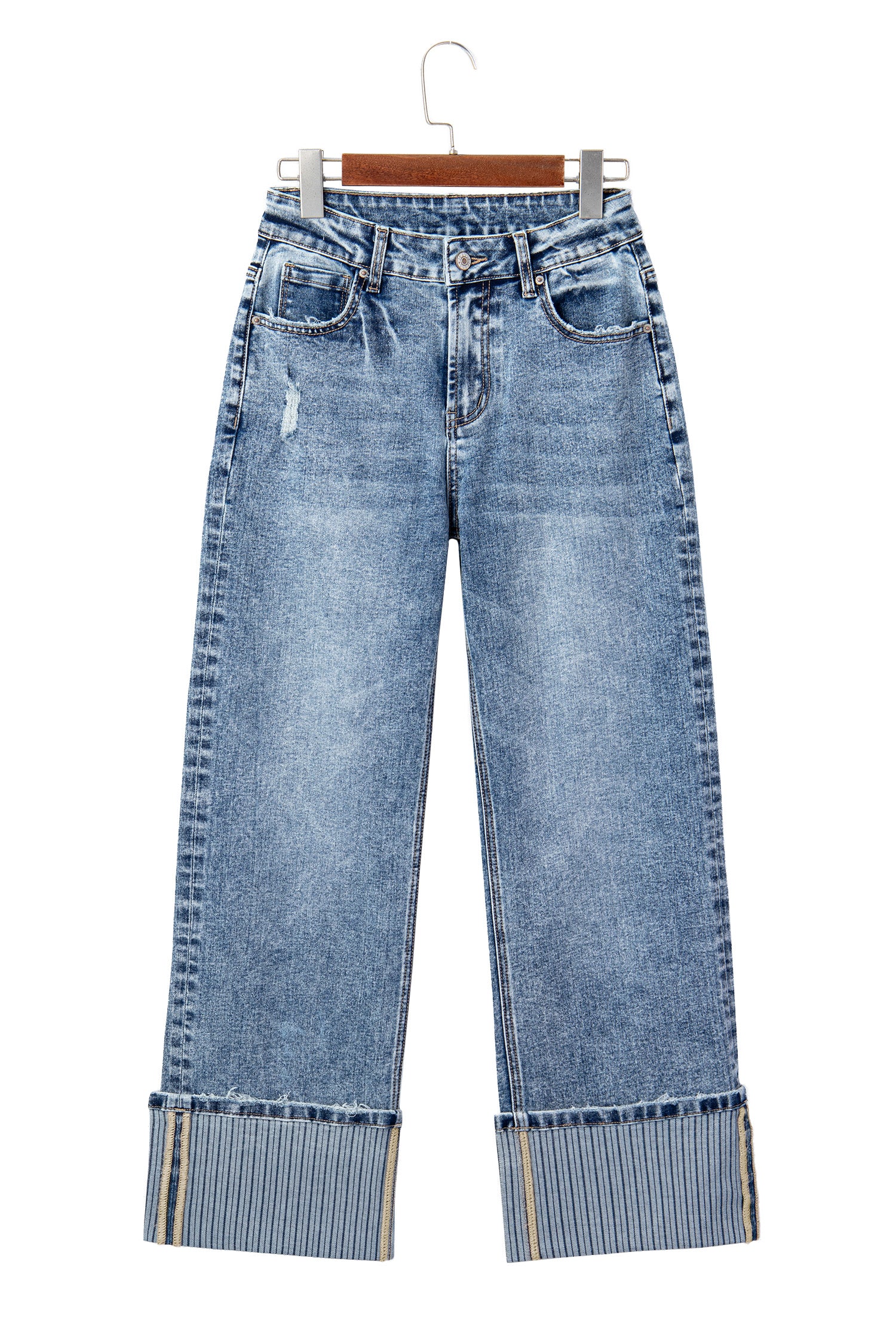 Blue Cuffed Straight Loose Jeans