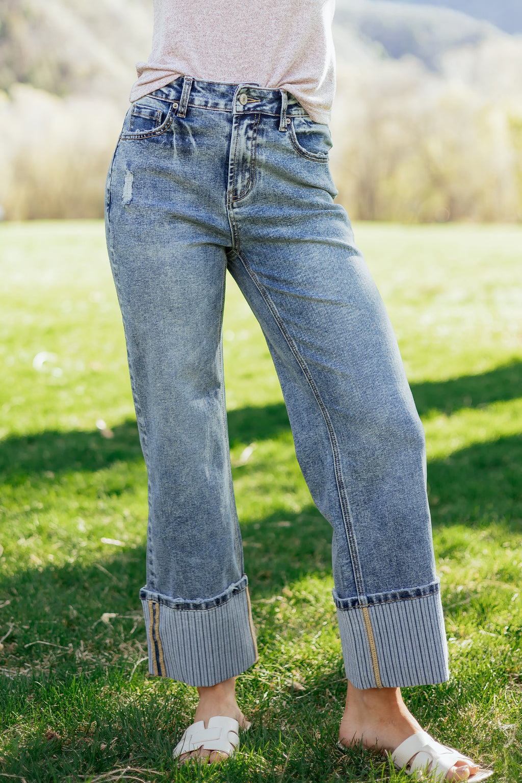 Blue Cuffed Straight Loose Jeans