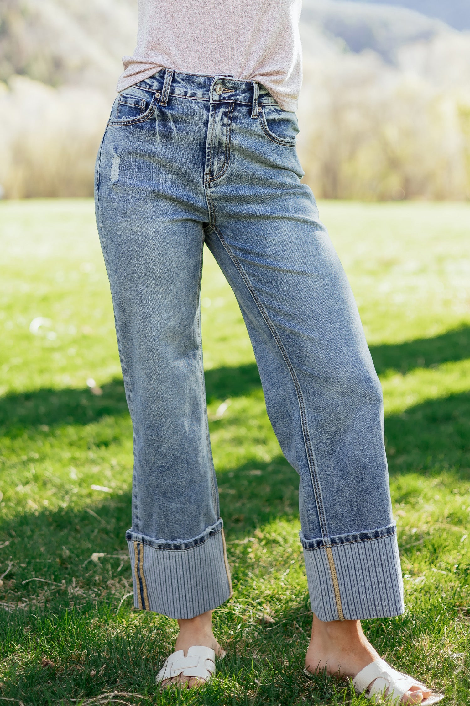 Blue Cuffed Straight Loose Jeans