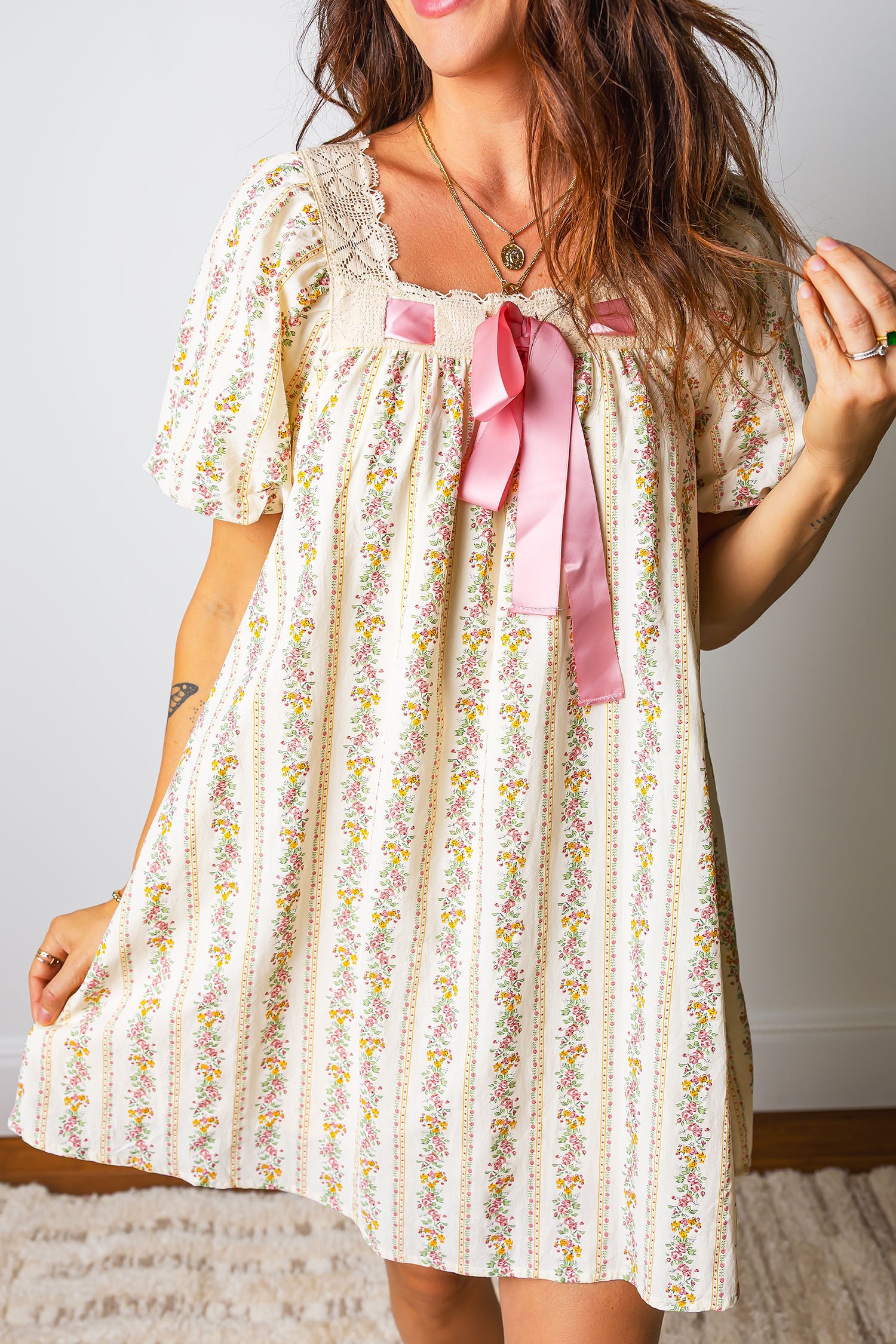 Floral Print & Ribbon Bow Mini Dress