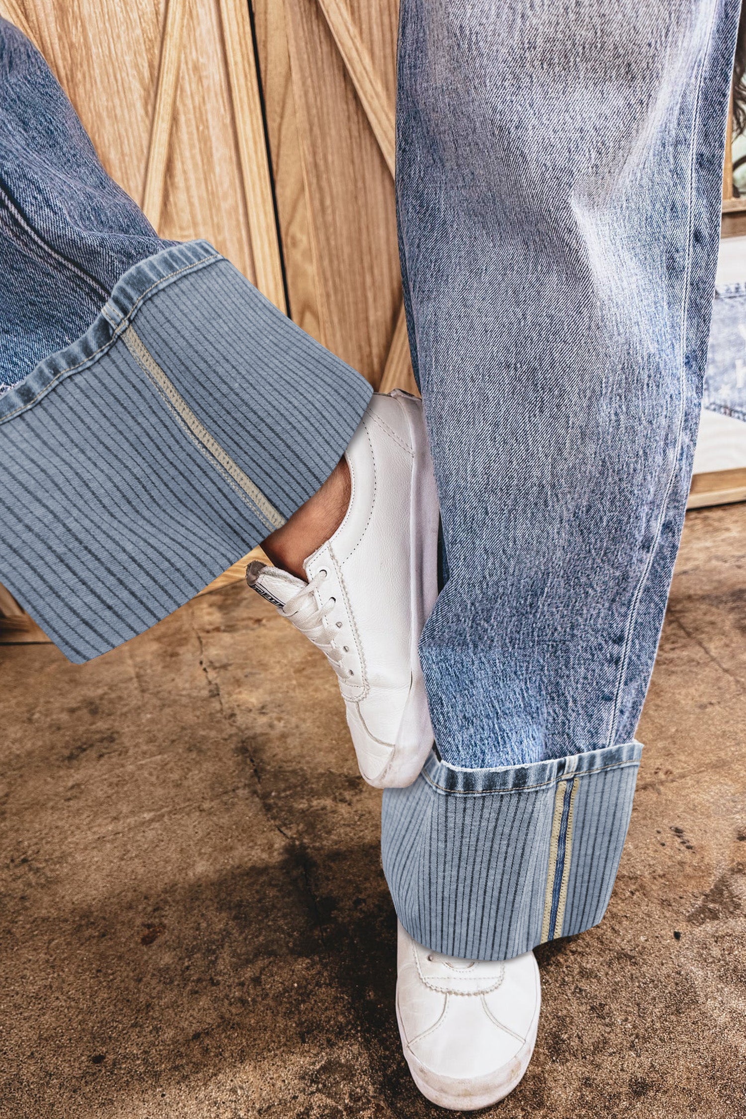 Blue Cuffed Straight Loose Jeans