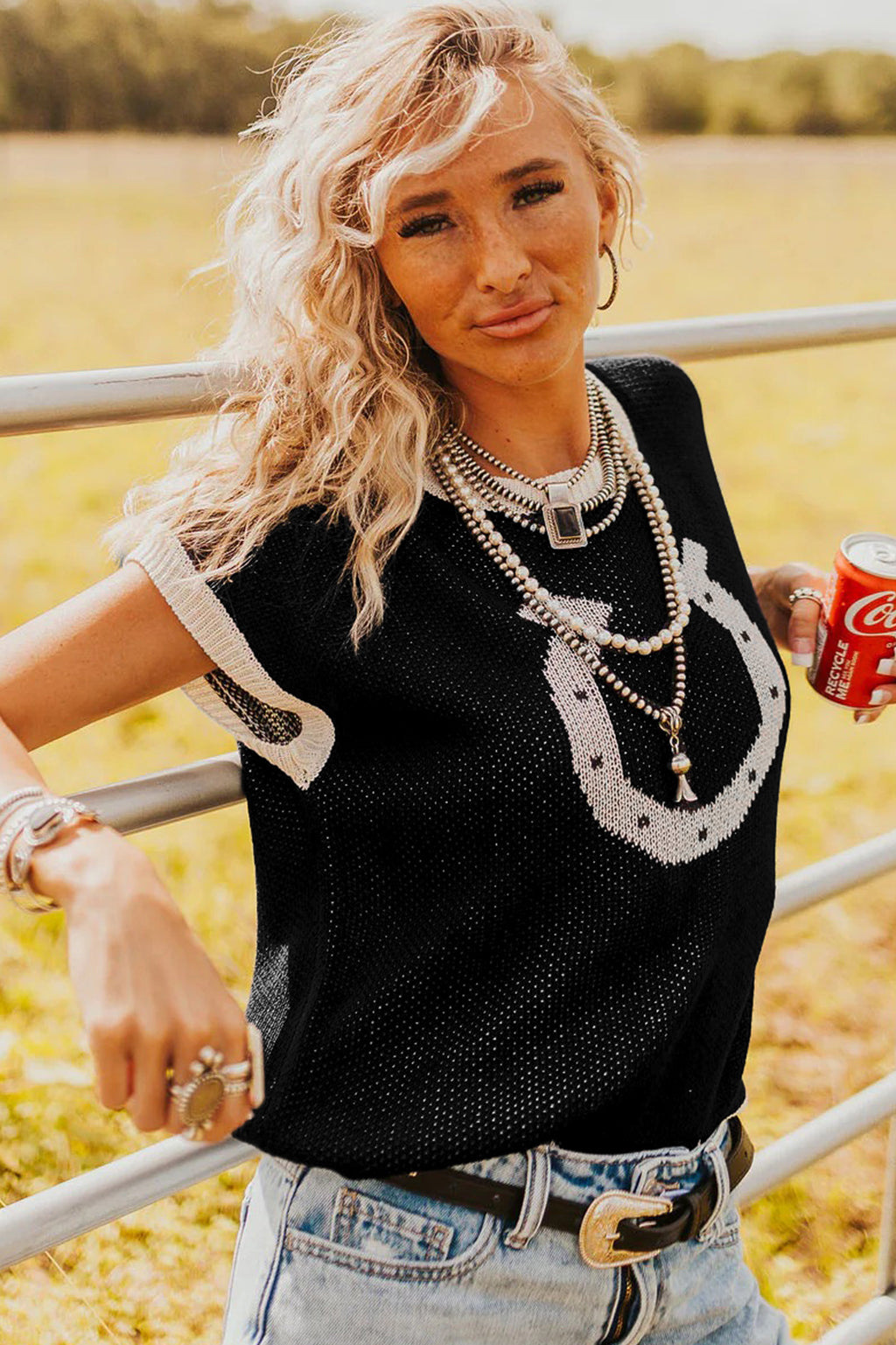 Black Horse Shoe Short Sleeve Sweater