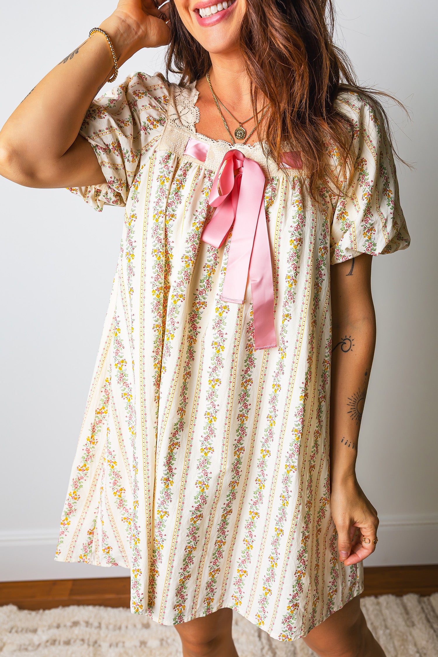 Floral Print & Ribbon Bow Mini Dress