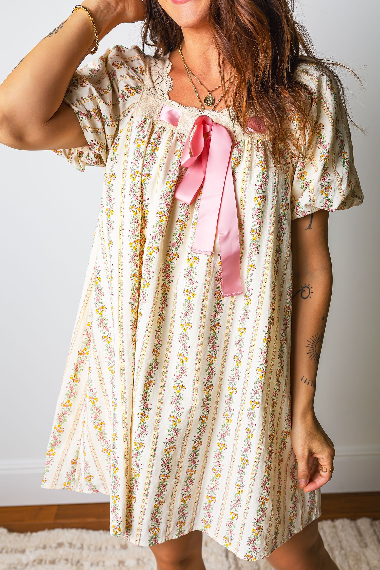 Floral Print & Ribbon Bow Mini Dress