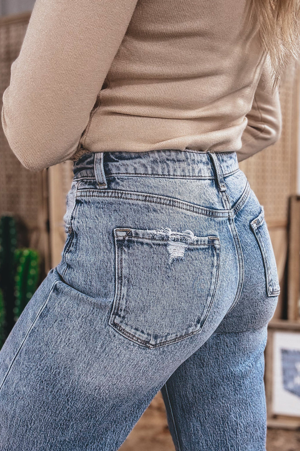 Blue Cuffed Straight Loose Jeans