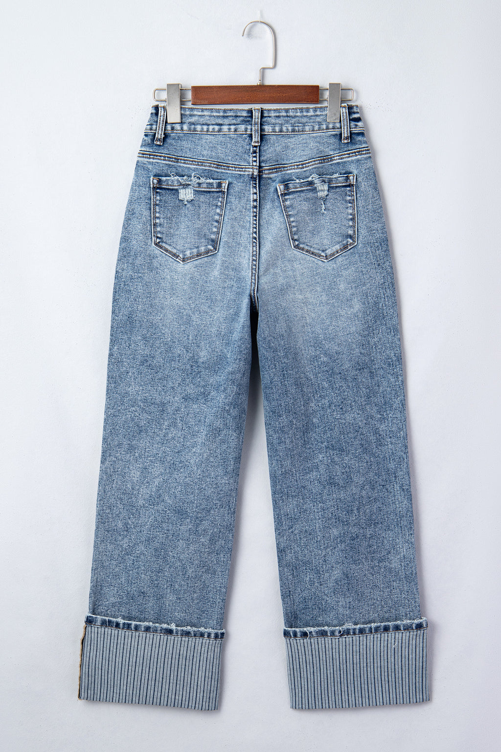 Blue Cuffed Straight Loose Jeans