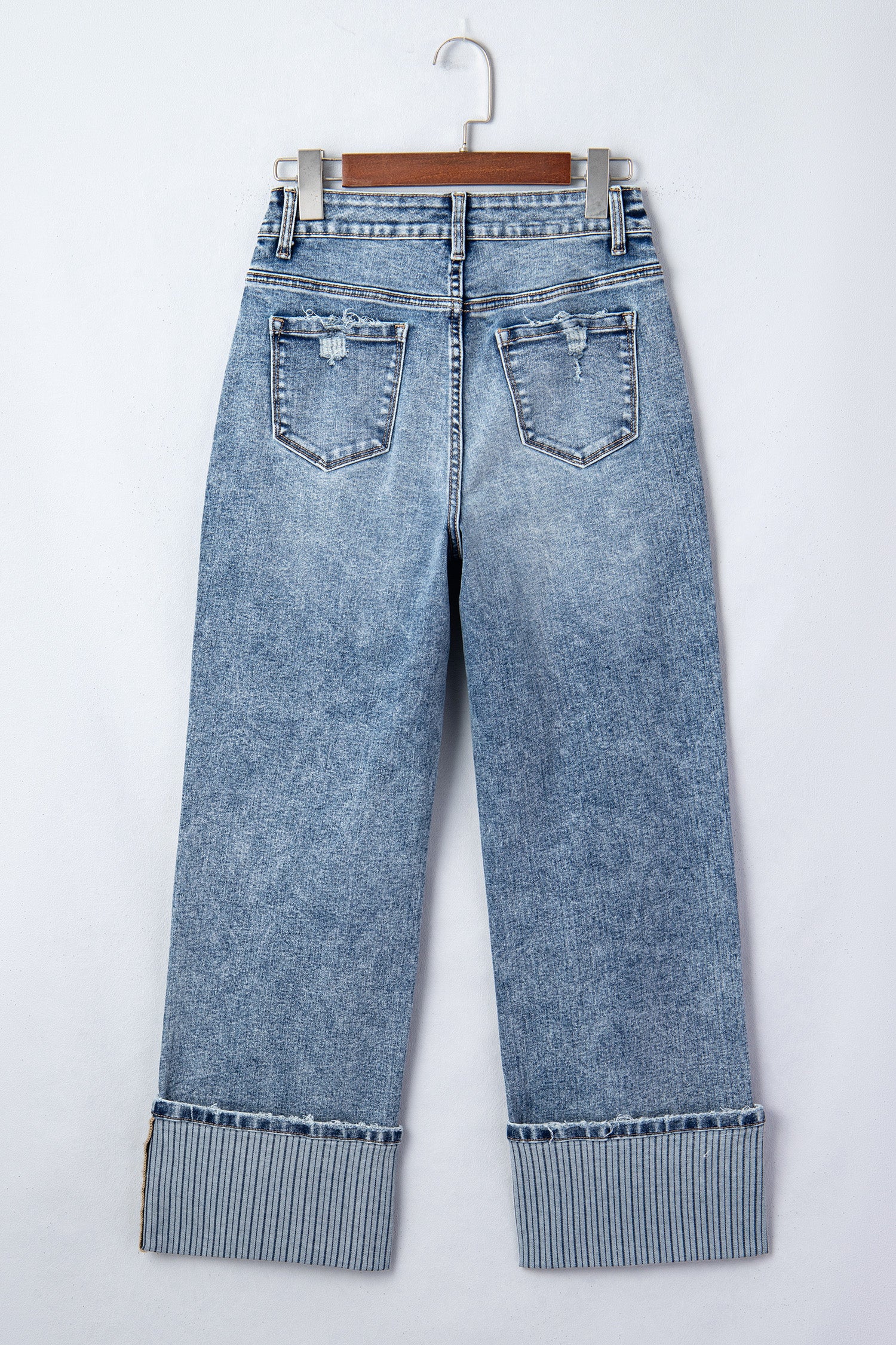 Blue Cuffed Straight Loose Jeans
