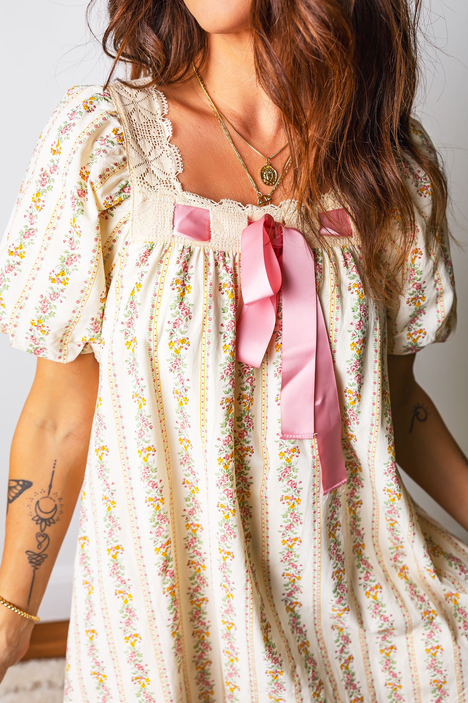 Floral Print & Ribbon Bow Mini Dress